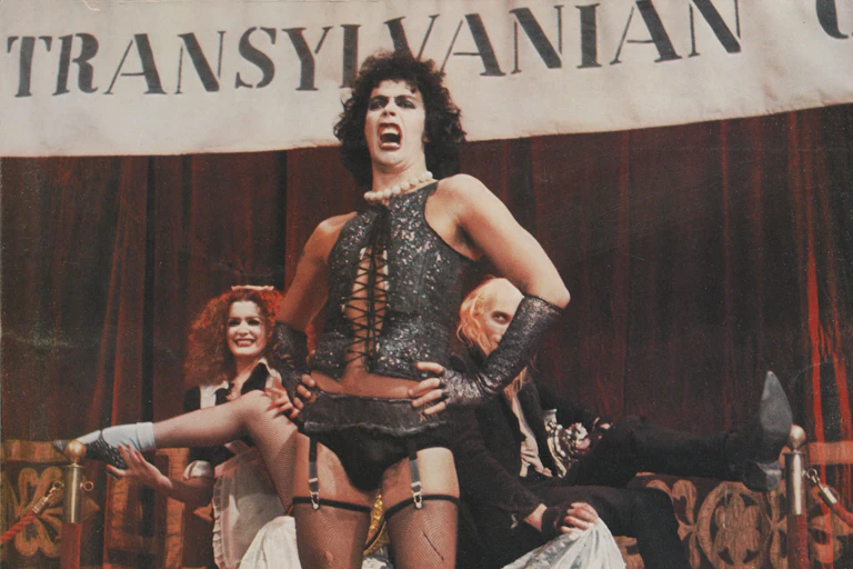 From right to left, actors Richard O'Brien, Tim Curry and Patricia Quinn as Riff Raff, Dr Frank-N-Furter and Magenta.