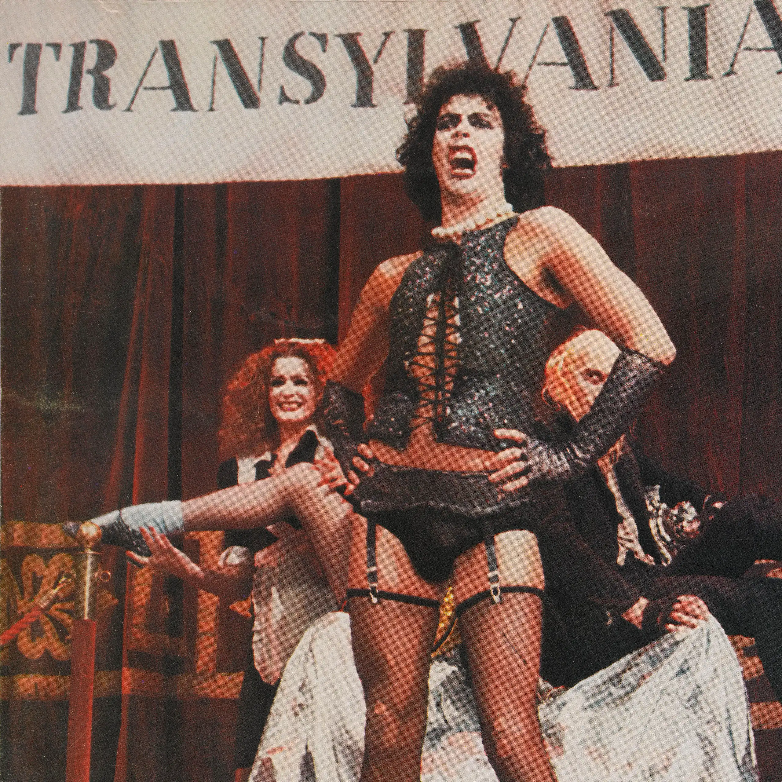 From right to left, actors Richard O'Brien, Tim Curry and Patricia Quinn as Riff Raff, Dr Frank-N-Furter and Magenta.