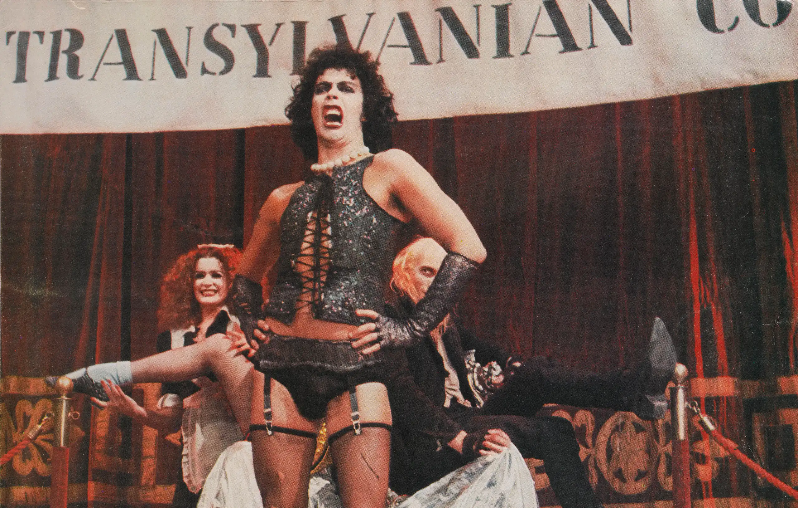 From right to left, actors Richard O'Brien, Tim Curry and Patricia Quinn as Riff Raff, Dr Frank-N-Furter and Magenta.