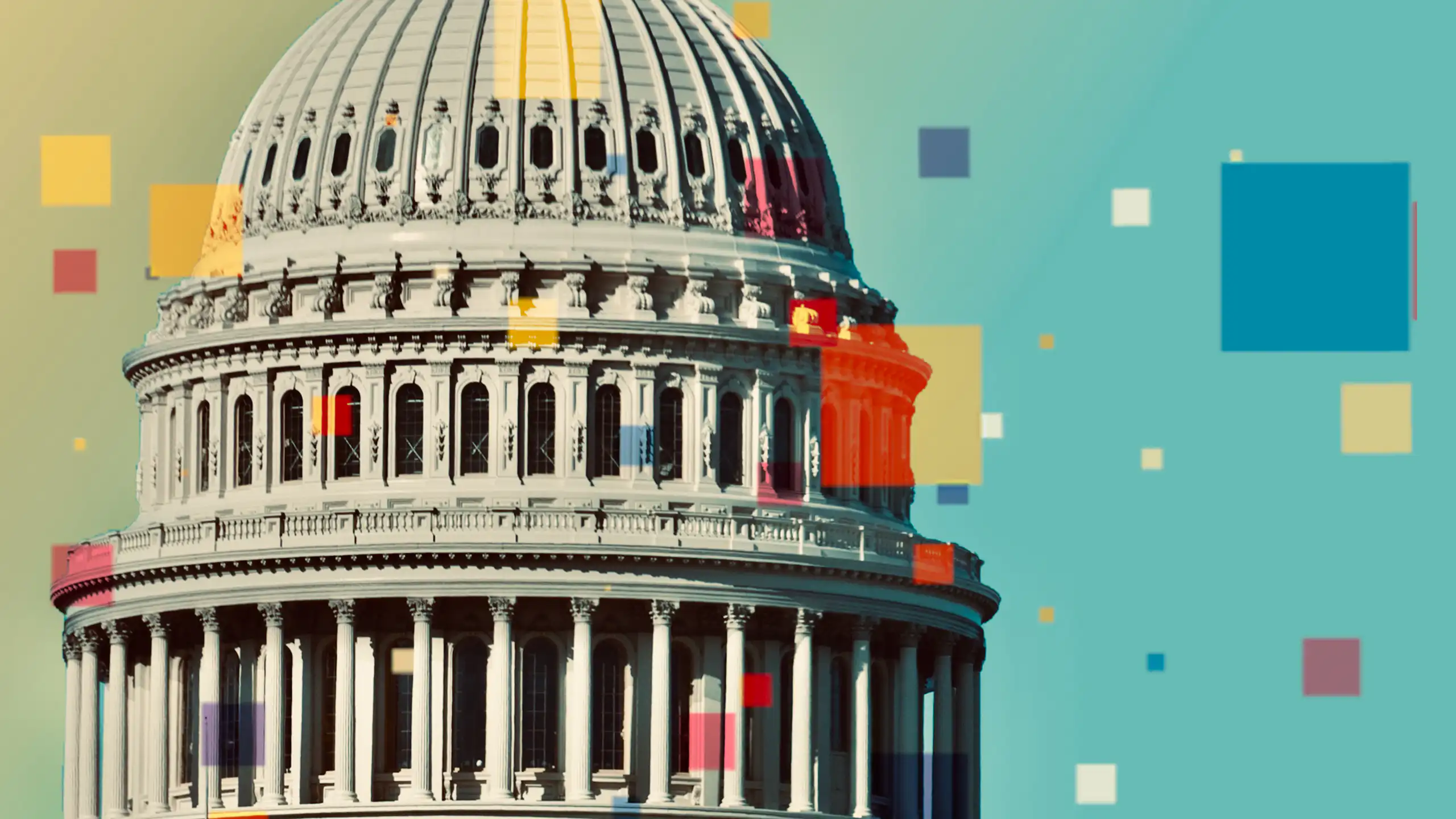 An abstract collage showing digital coloured squares superimposed upon the US Capitol building.