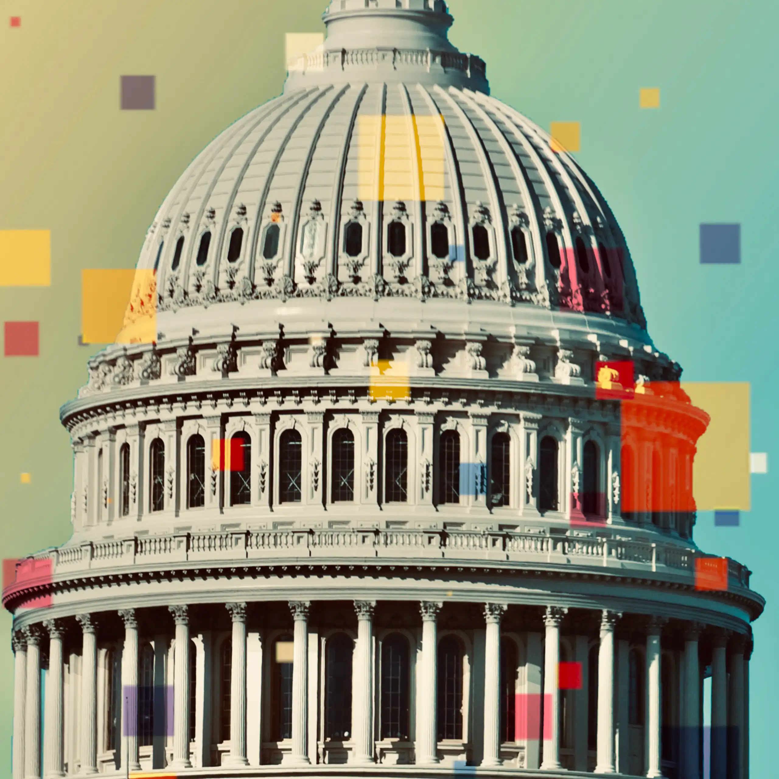 An abstract collage showing digital coloured squares superimposed upon the US Capitol building.
