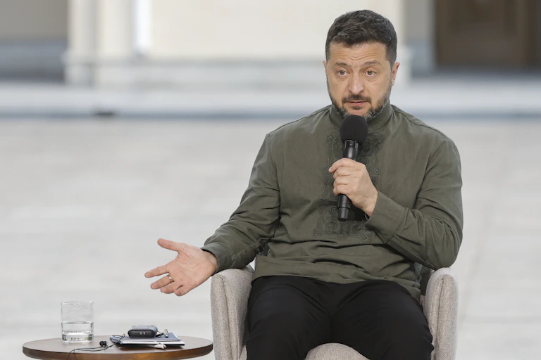 Volodymyr Zelensky speaks during a press conference in Kyiv.