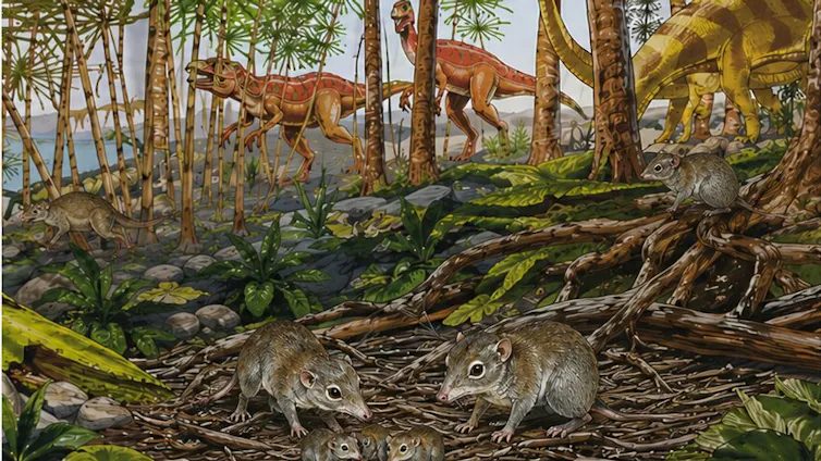 Illustration of large dinosaurs and small mouse-like animals in a forest