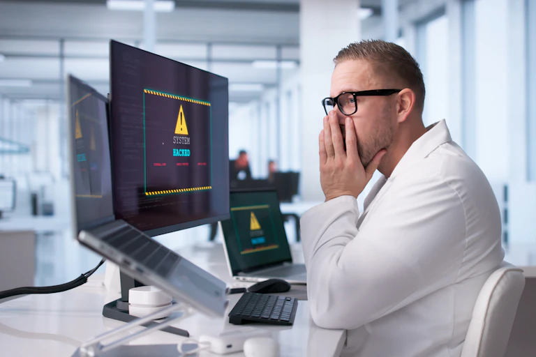 A man in a white coat stares in disbelief at a computer screen.