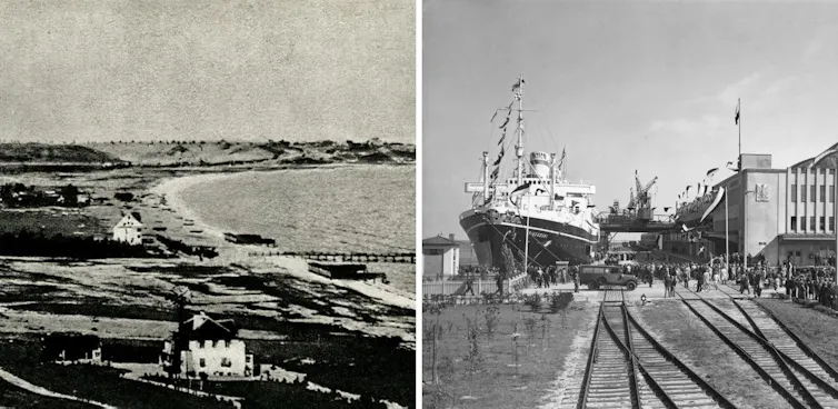A la izquierda, obra en construcción del futuro puerto, probablemente a principios de 1921. A la derecha, el lujoso transatlántico de la marina mercante polaca MS Piłsudski en la terminal transatlántica de Gdynia. En la actualidad, la terminal es el Museo