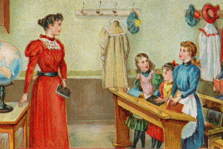 A colourful and historical art nouveau illustration from 1899 depicting a female teacher teaching a class of girls using a world globe.