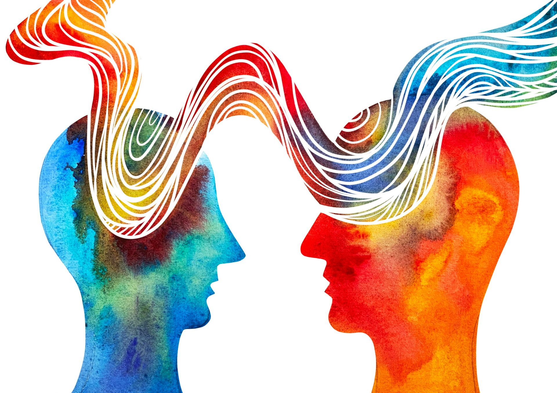 A drawing depicting two silhouetted human heads, with a wave of light running between the both.