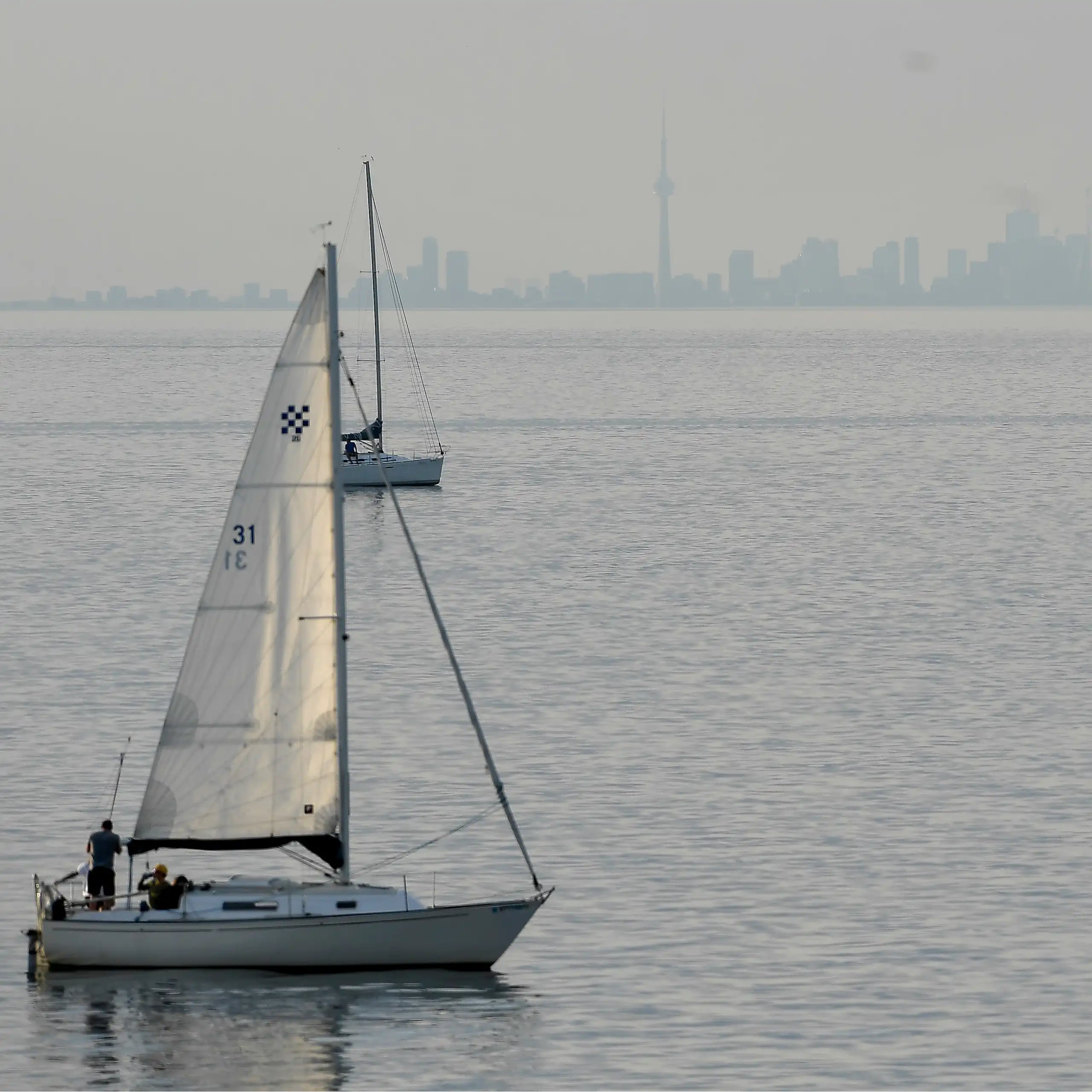 a city skyline seen in the far distance across a large lake, sailboats go across the water.