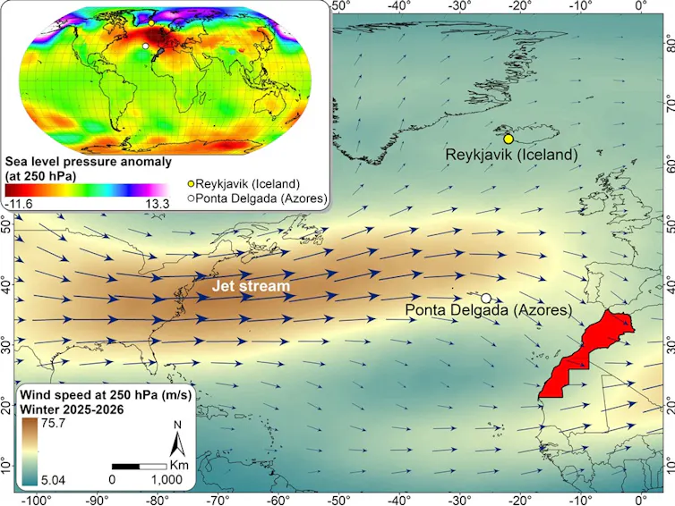 Southward-shifted jet steered Atlantic storms into Morocco in winter 2025–26