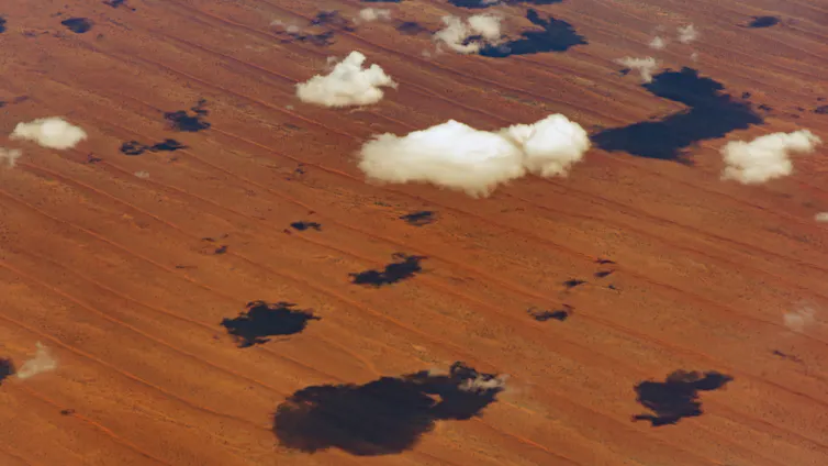 An aerial photo of the red Australian desert.