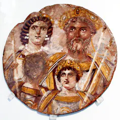 The Severan Tondo depicting Septimius Severus, his wife Julia Donna, their older son Caracalla, and the obliterated image of his murdered co-heir Geta.
