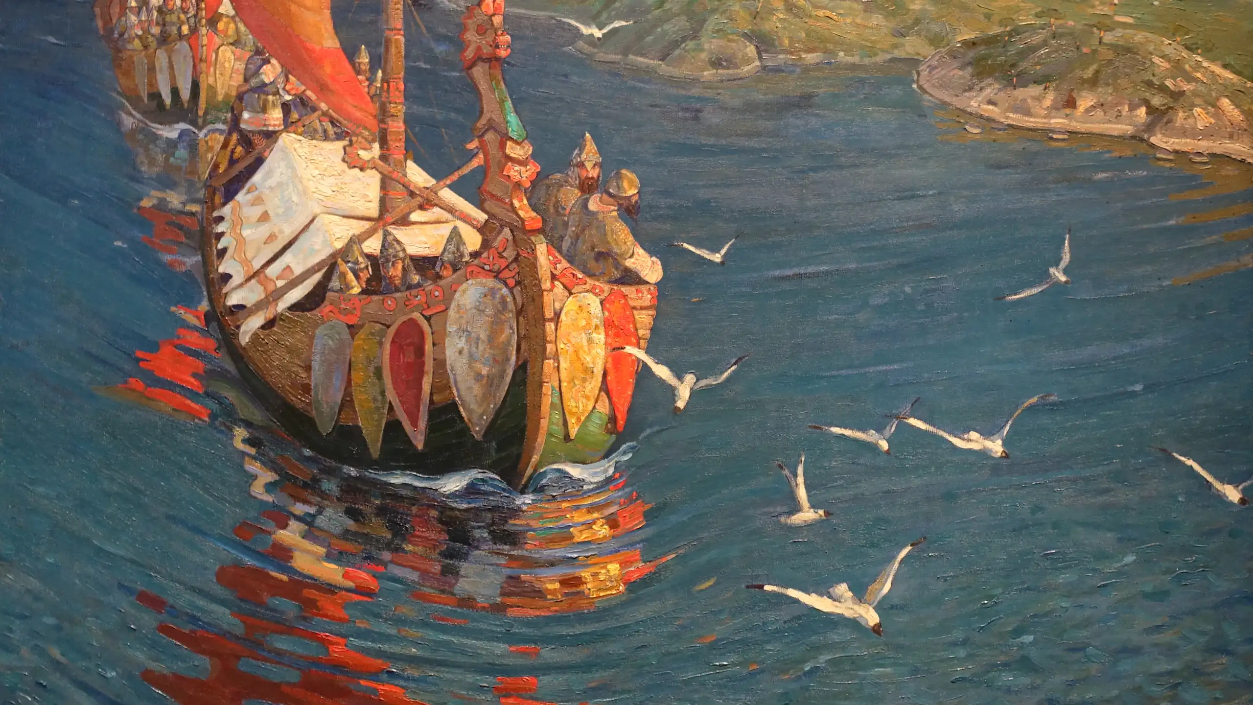 A painting depicts a Viking ship sailing down an estuary.