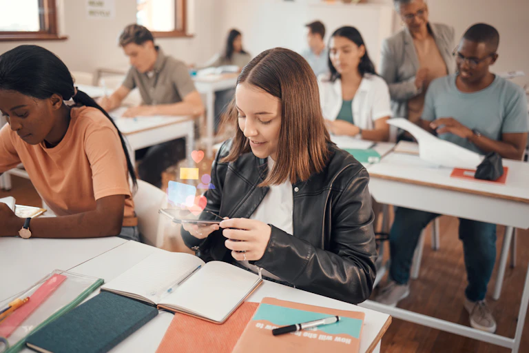 Una alumna mira el mòbil a classe.