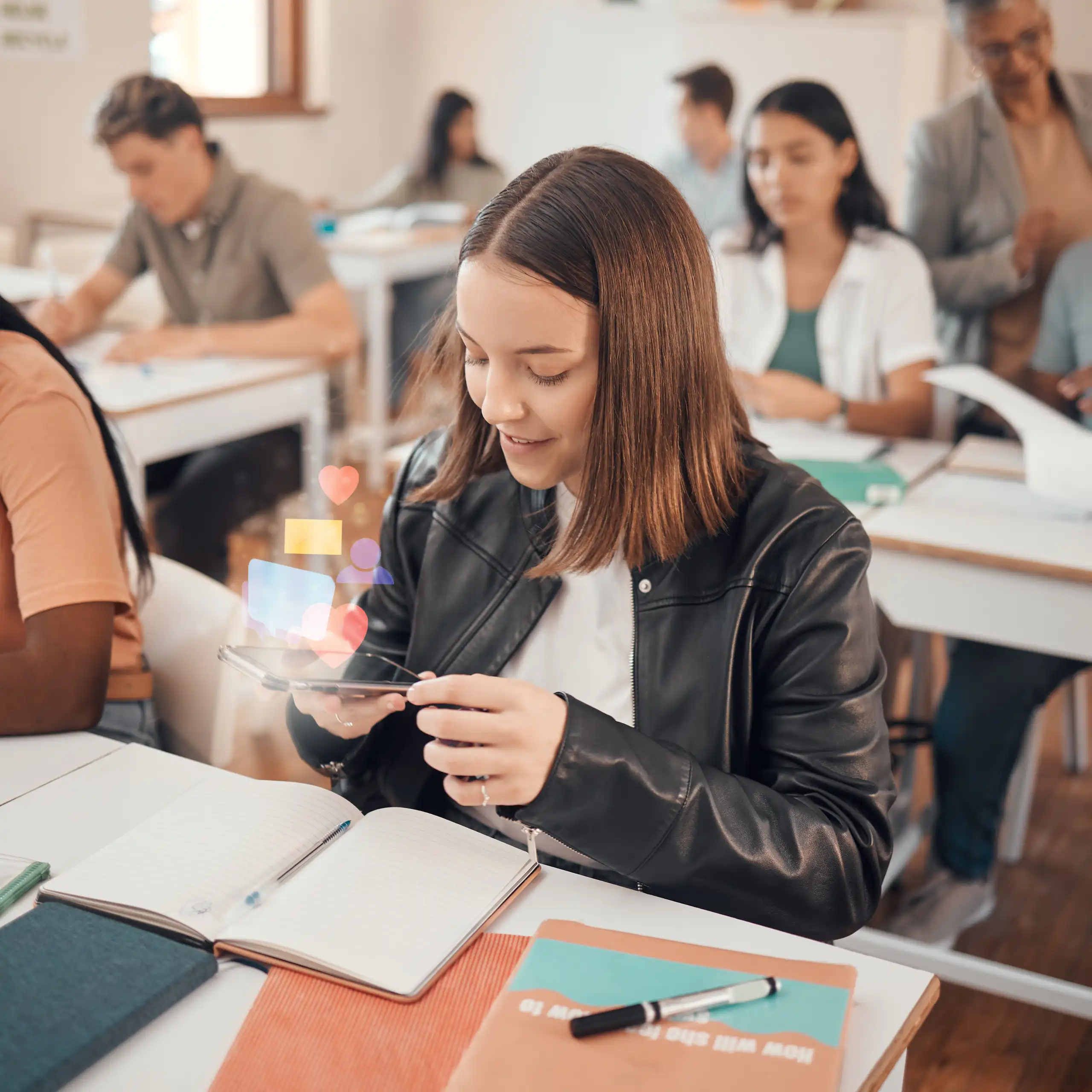 Una alumna mira el mòbil a classe.