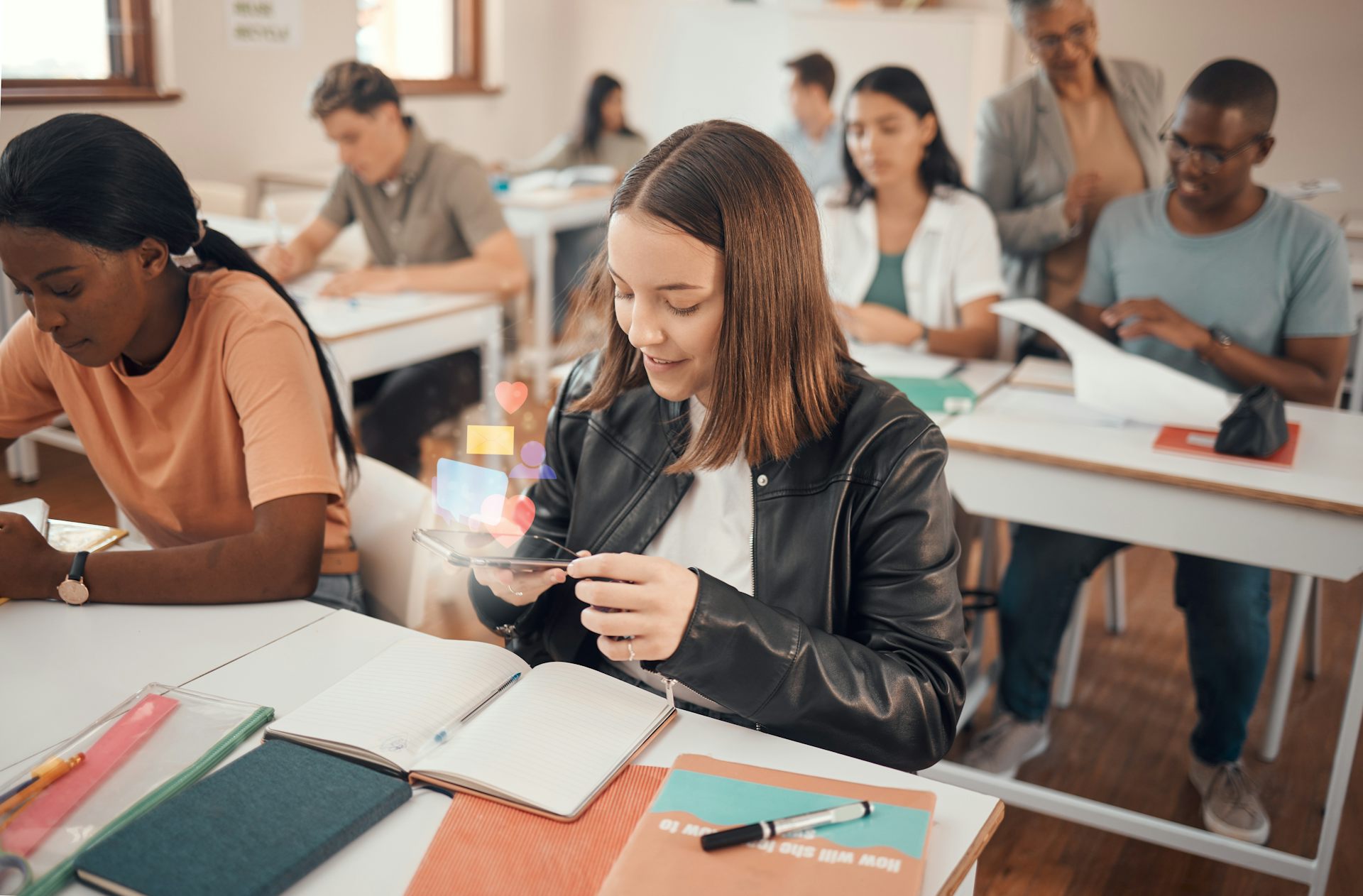 Una alumna mira el mòbil a classe.