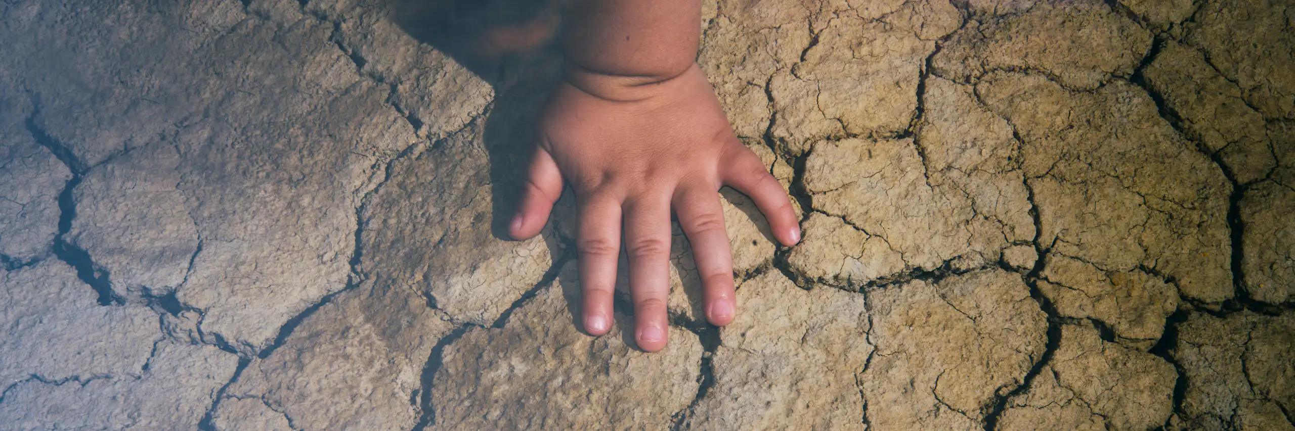 Child's hand on dry cracked earth in a heatwave