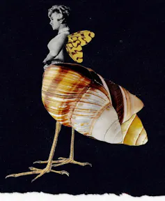 Collage: a woman's head and torso, butterfly wings, a shell for the lower body, chicken legs.