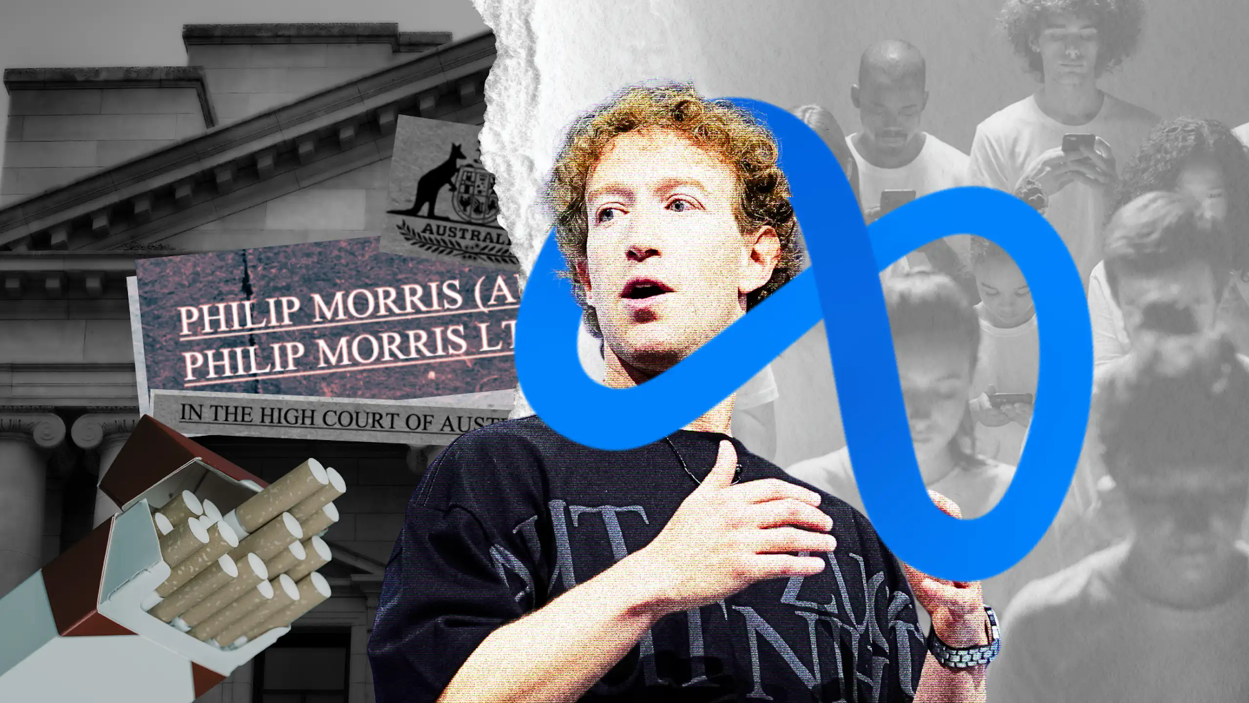 Mark Zuckerberg with the Meta logo and Philip Morris legal documents in the background