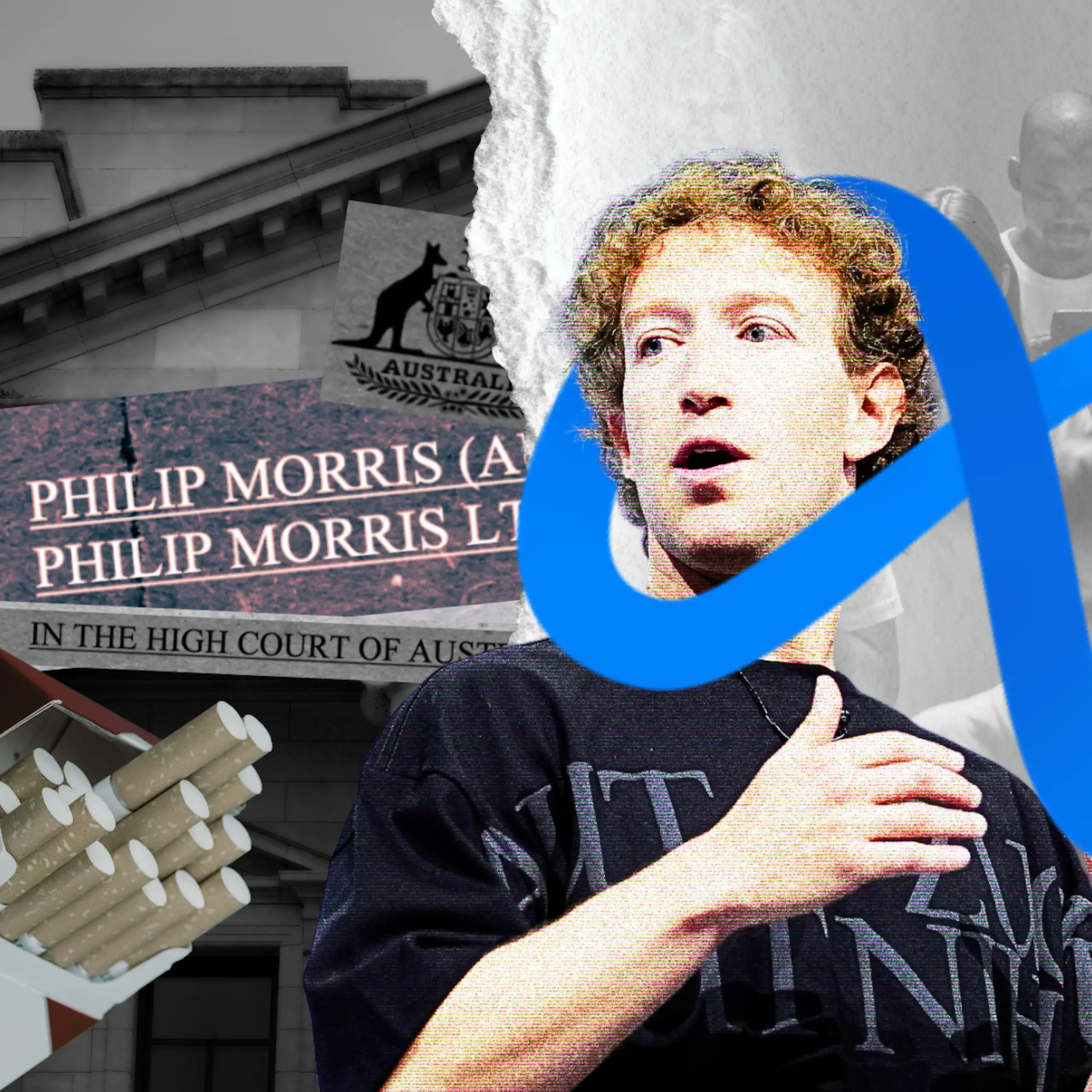 Mark Zuckerberg with the Meta logo and Philip Morris legal documents in the background