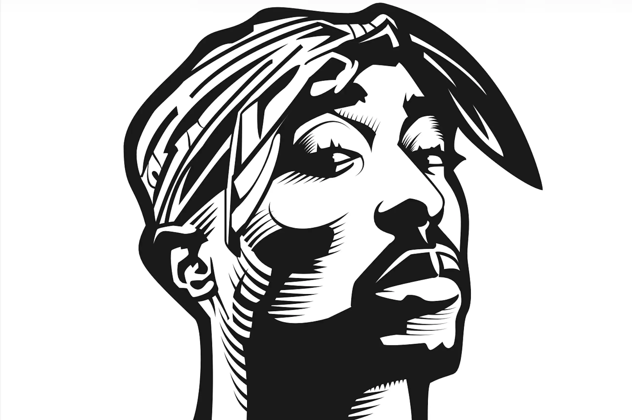 A black and white illustration of a young man in a bandana looking pointedly defiant.