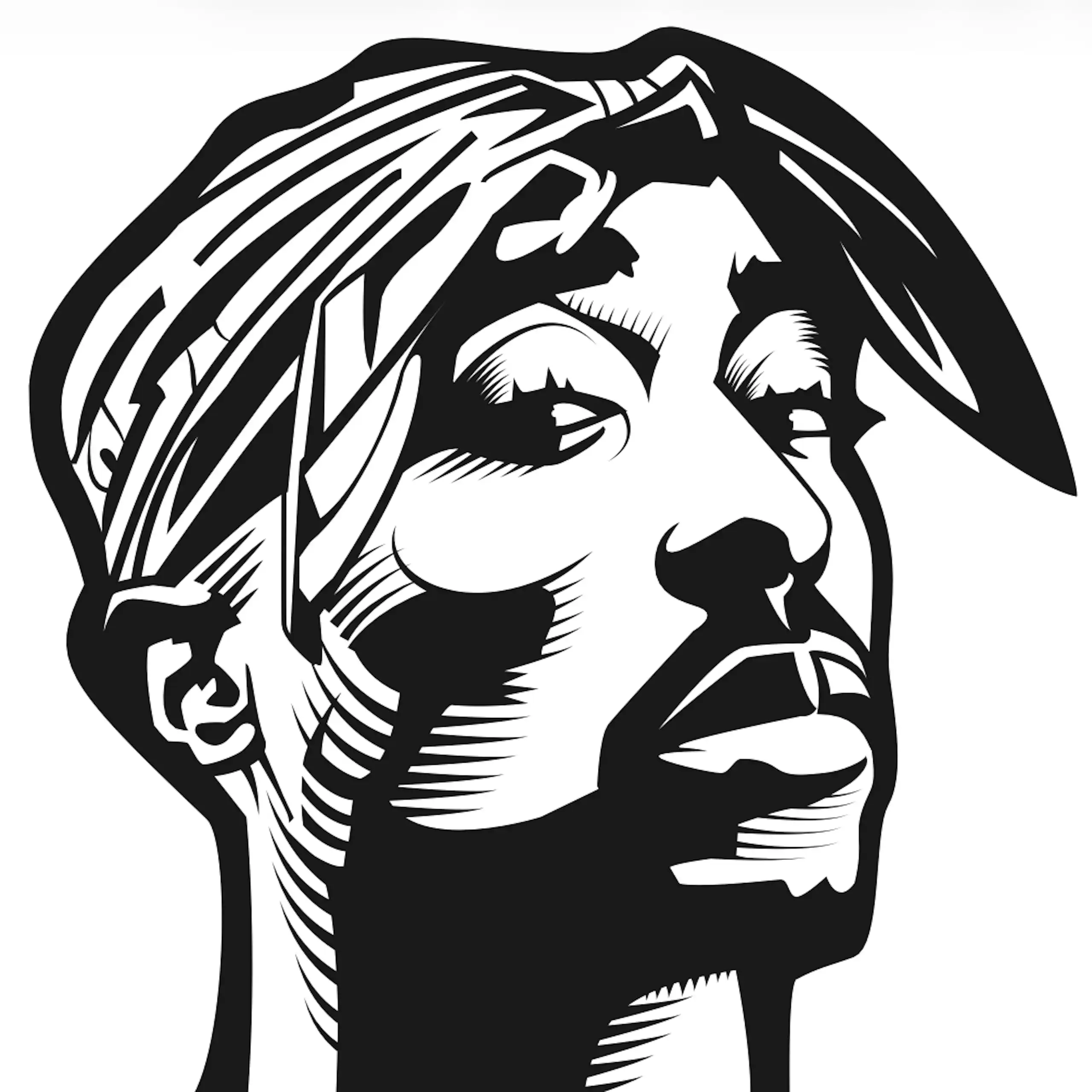A black and white illustration of a young man in a bandana looking pointedly defiant.