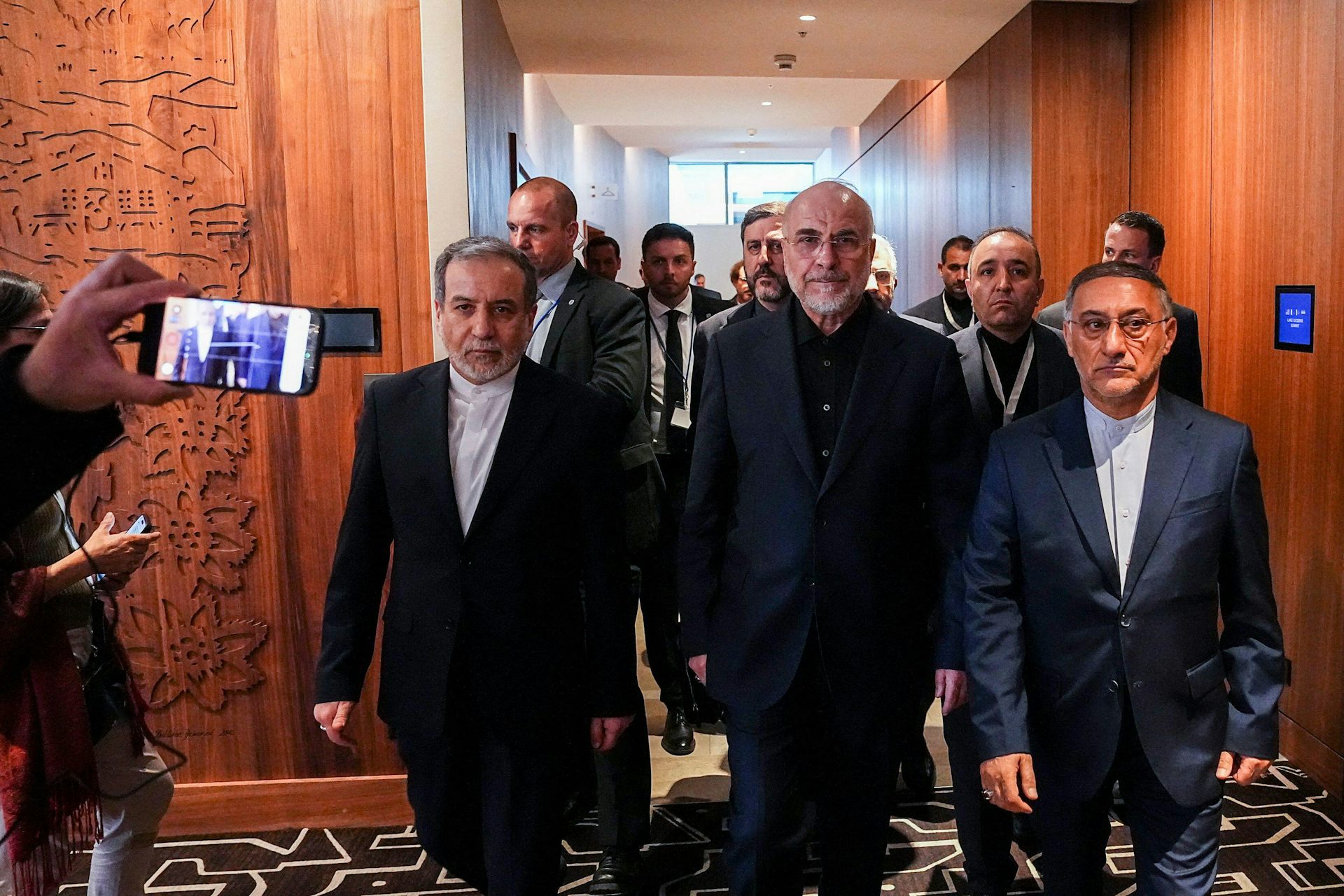 Iran's parliamentary speaker, Mohammad Bagher Ghalibaf (centre), foreign minister, Abbas Araghchi (left), and a group of Iranian delegates at a summit in Zurich, Switzerland, on June 21, 2026.