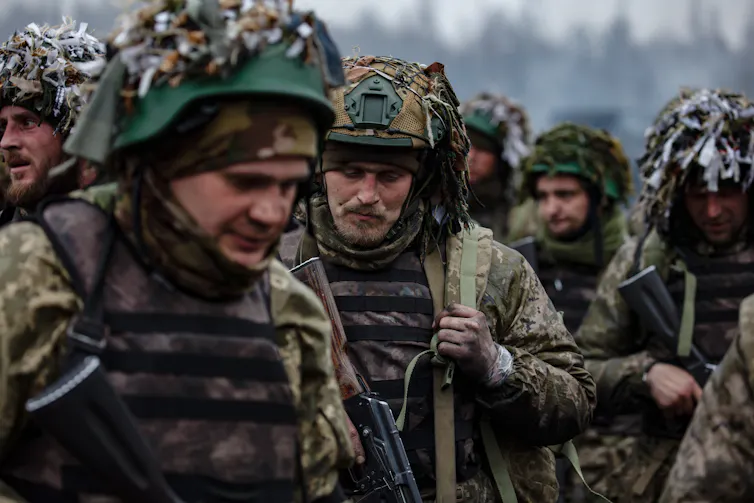 A group of Ukrainian servicemen during a military training exercise.