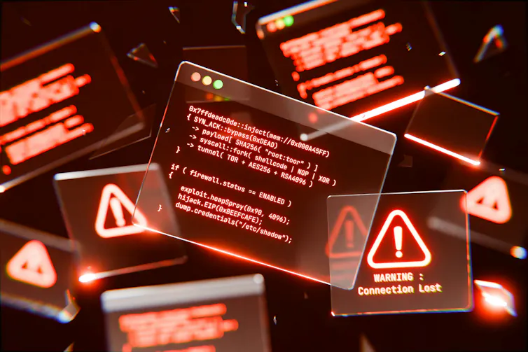 A screen displaying pop ups and red warning signs