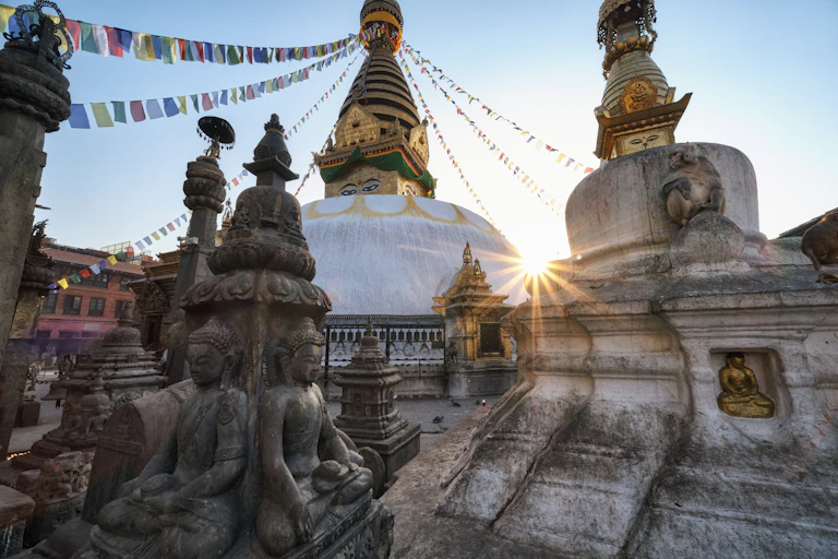 Sunrise in swayambhu temple, Kathmandu, Nepal