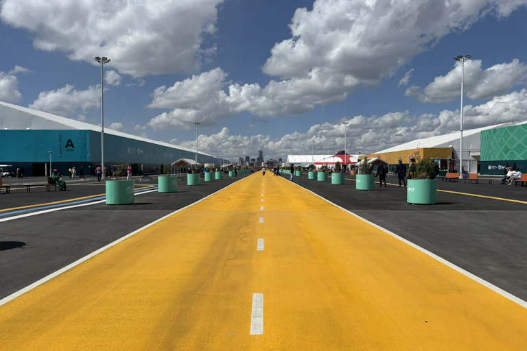 yellow road, big exhibition space buildings in background