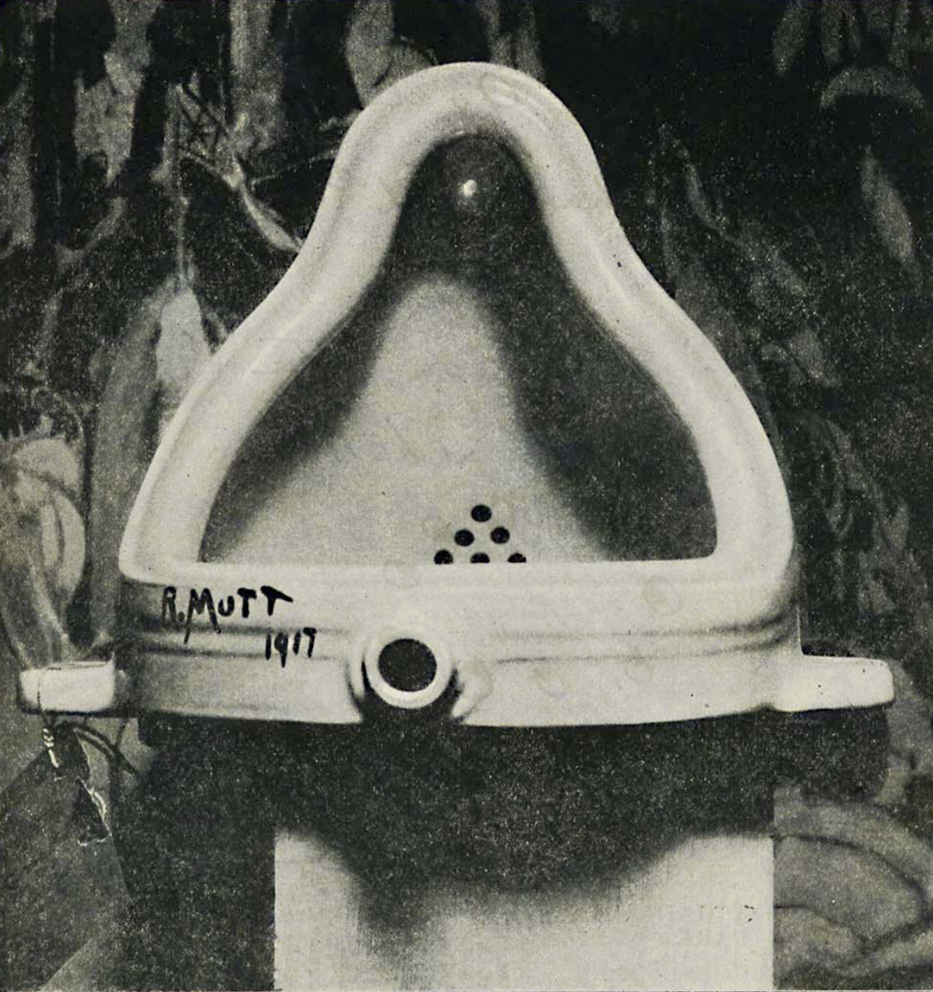 Black-and-white photo of a urinal on front of dark abstract background