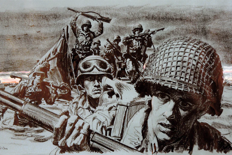 Sketch of fearful troops wading through the water and holding rifles.