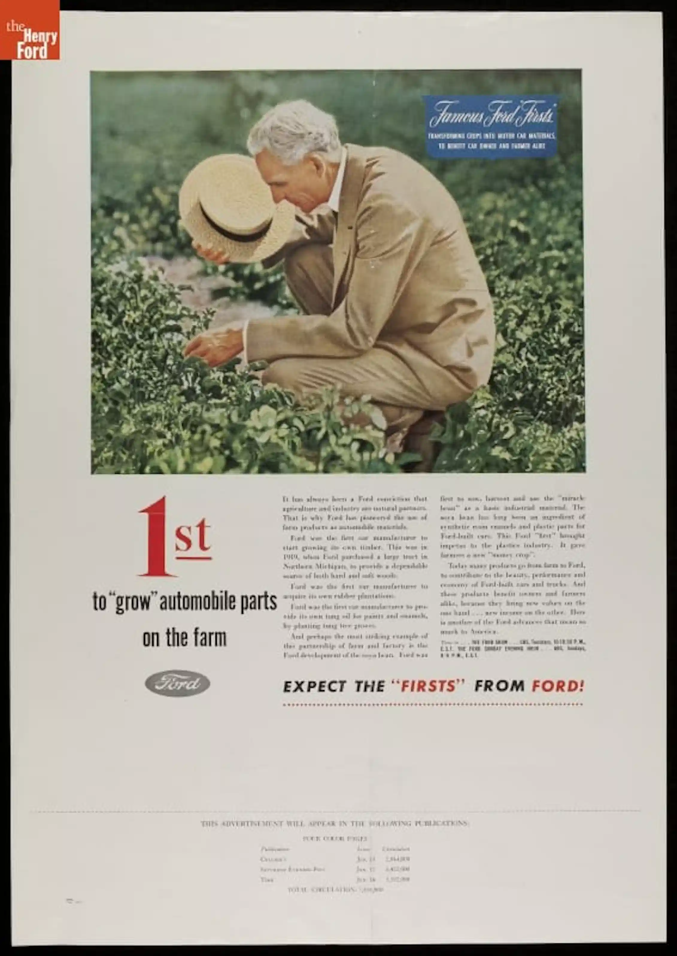 A magazine ad in the style of the 1940s shows a man in a tan suit holding a straw hat squatting down in a field to look at plants.