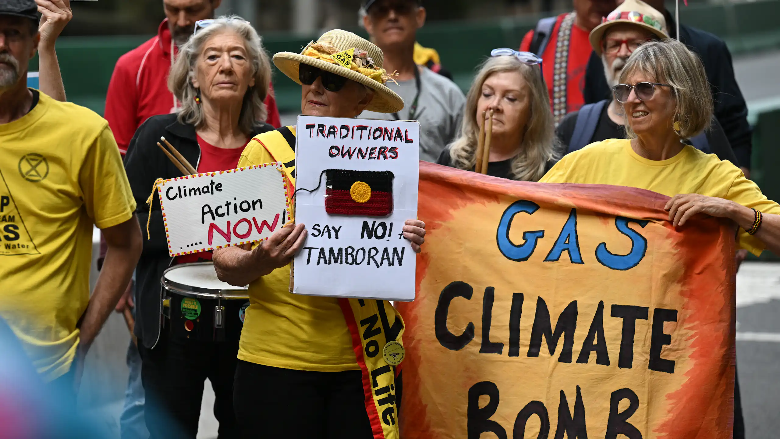 Protesters gather outside the Tamboran Resources’ annual general meeting in Sydney in 2023.