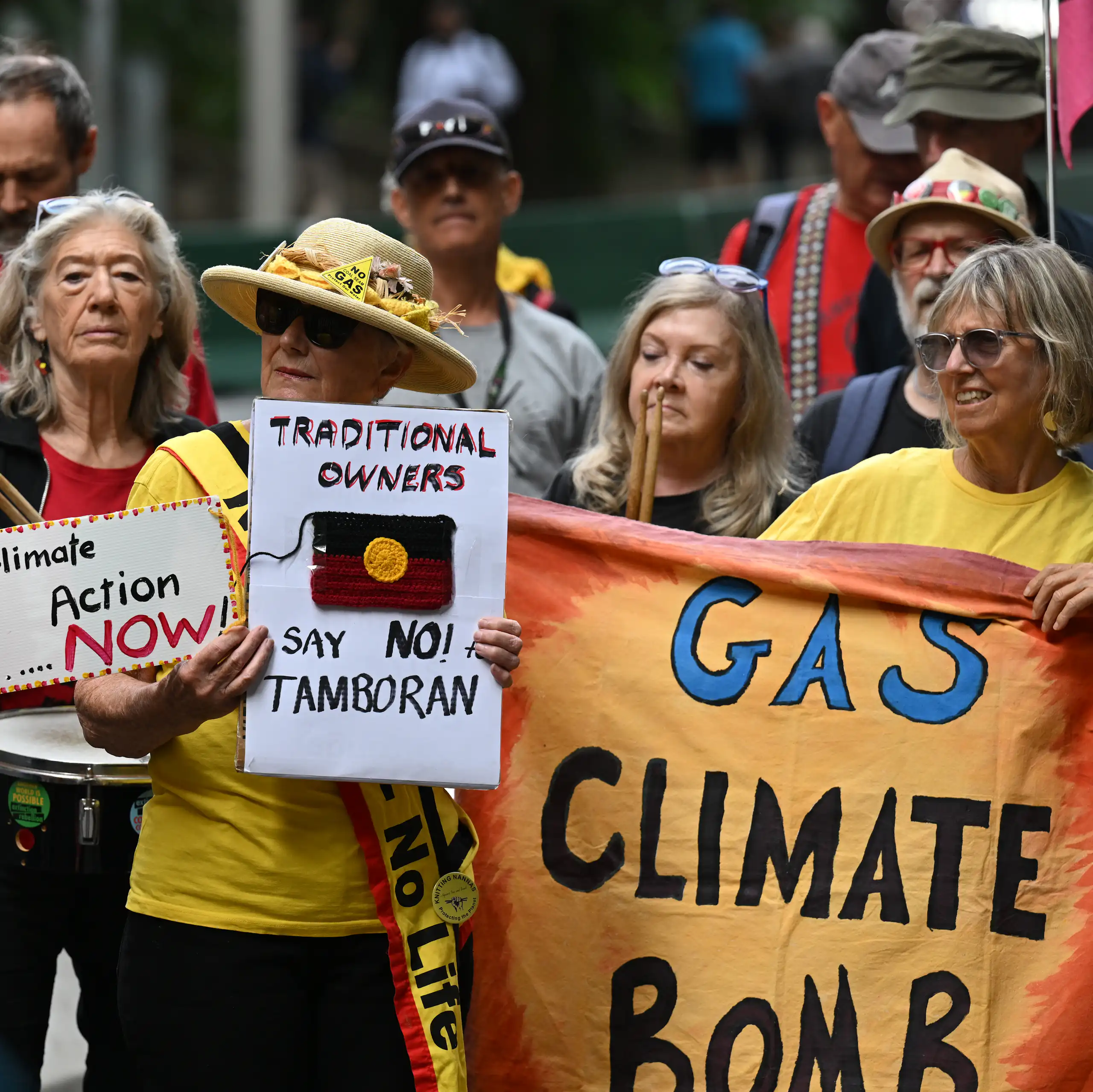 Protesters gather outside the Tamboran Resources’ annual general meeting in Sydney in 2023.