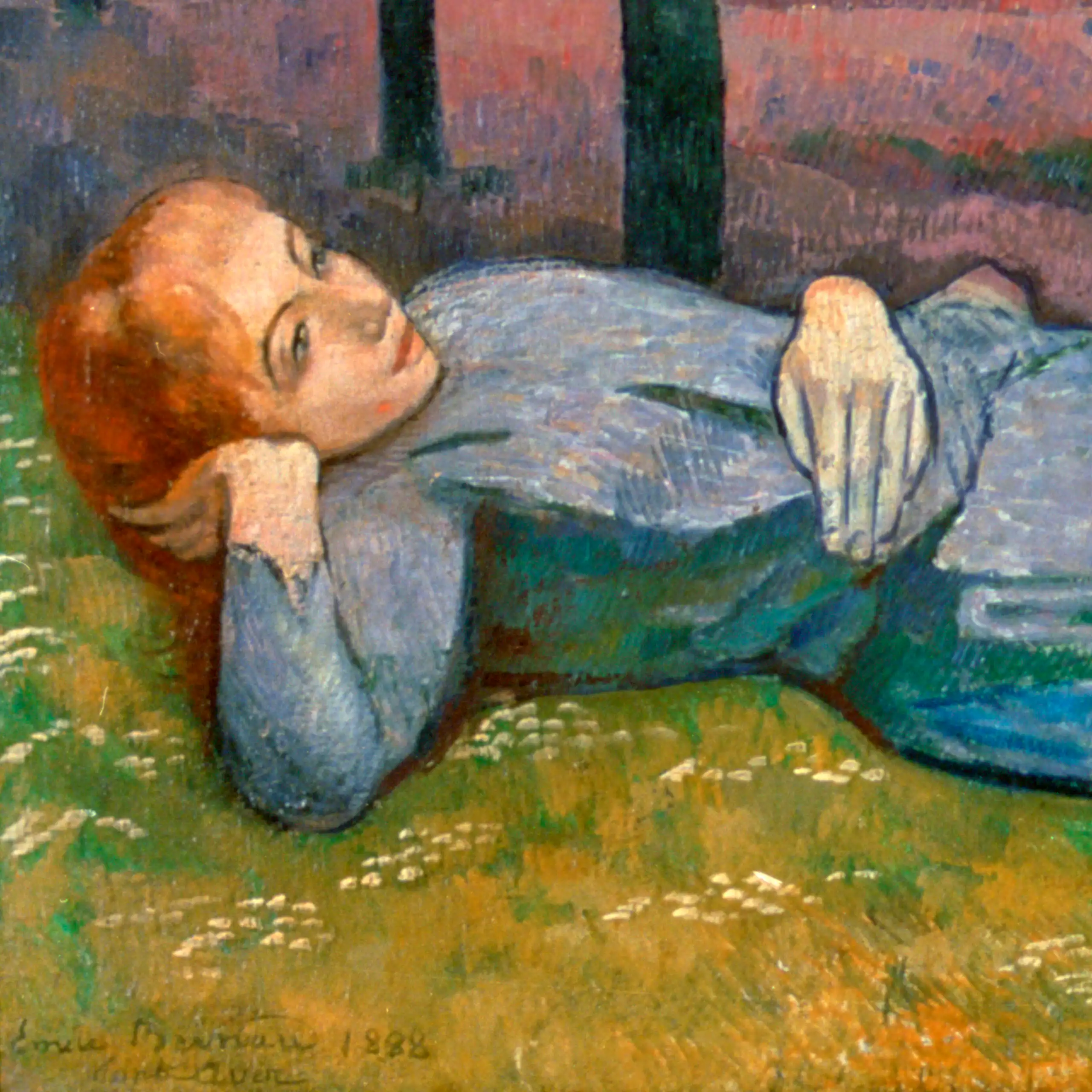 Peinture colorée représentant une jeune femme allongée sur le dos dans l'herbe, soutenant sa tête d'une main.
