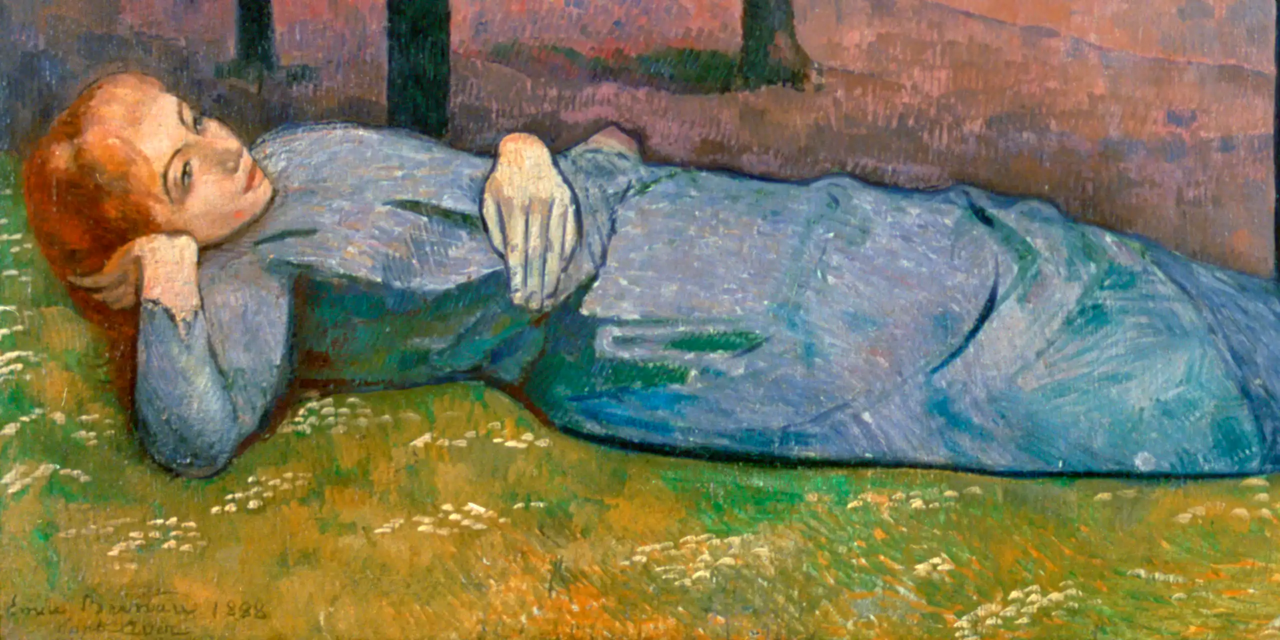 Peinture colorée représentant une jeune femme allongée sur le dos dans l'herbe, soutenant sa tête d'une main.