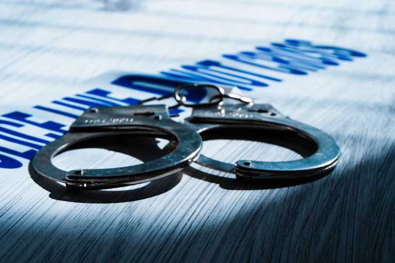 Handcuffs and police tape on a table