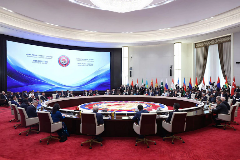 Leaders of Shanghai Cooperation Organization member states sit around a bit circular table in Bishkek, Kyrgyzstan, September 1 2026.