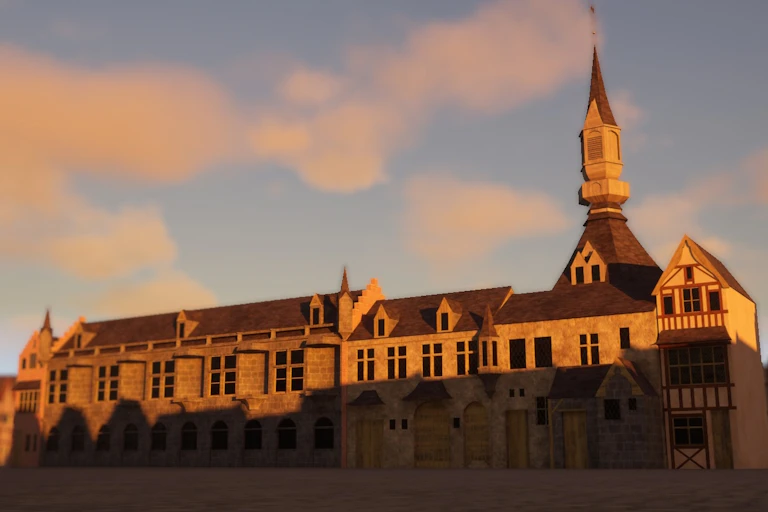 Vue de la restitution numérique de la halle échevinale de Lille en 1448