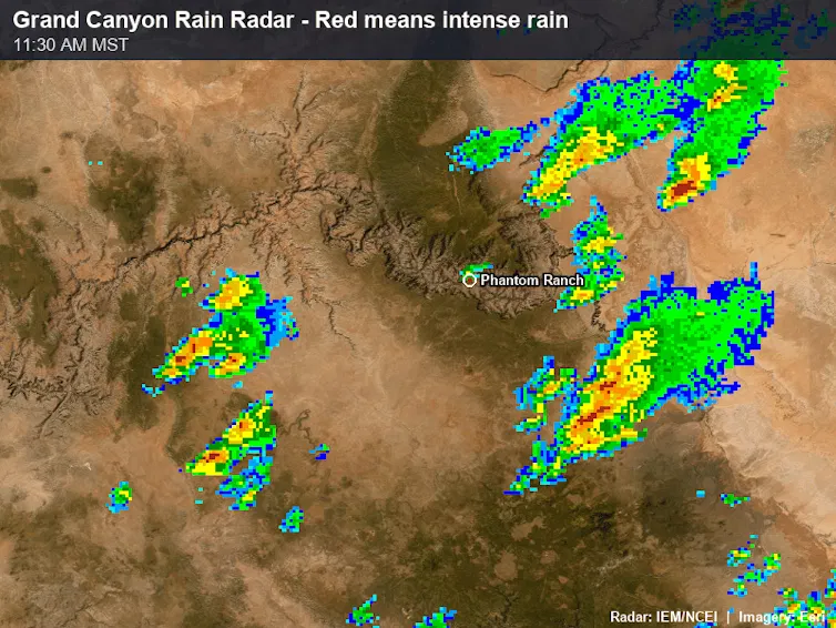 Timelapse images of the radar shows strong storms upstream and over Bright Angel Canyon ahead of the flood.