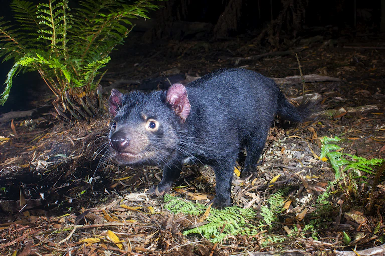 A small, stocky animal with black fur walking through leaf litter and ferns.