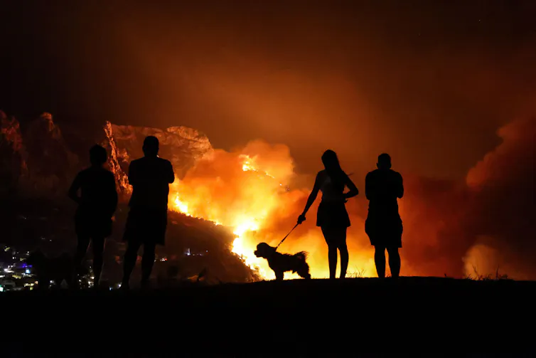 People and a dog with large fire in background