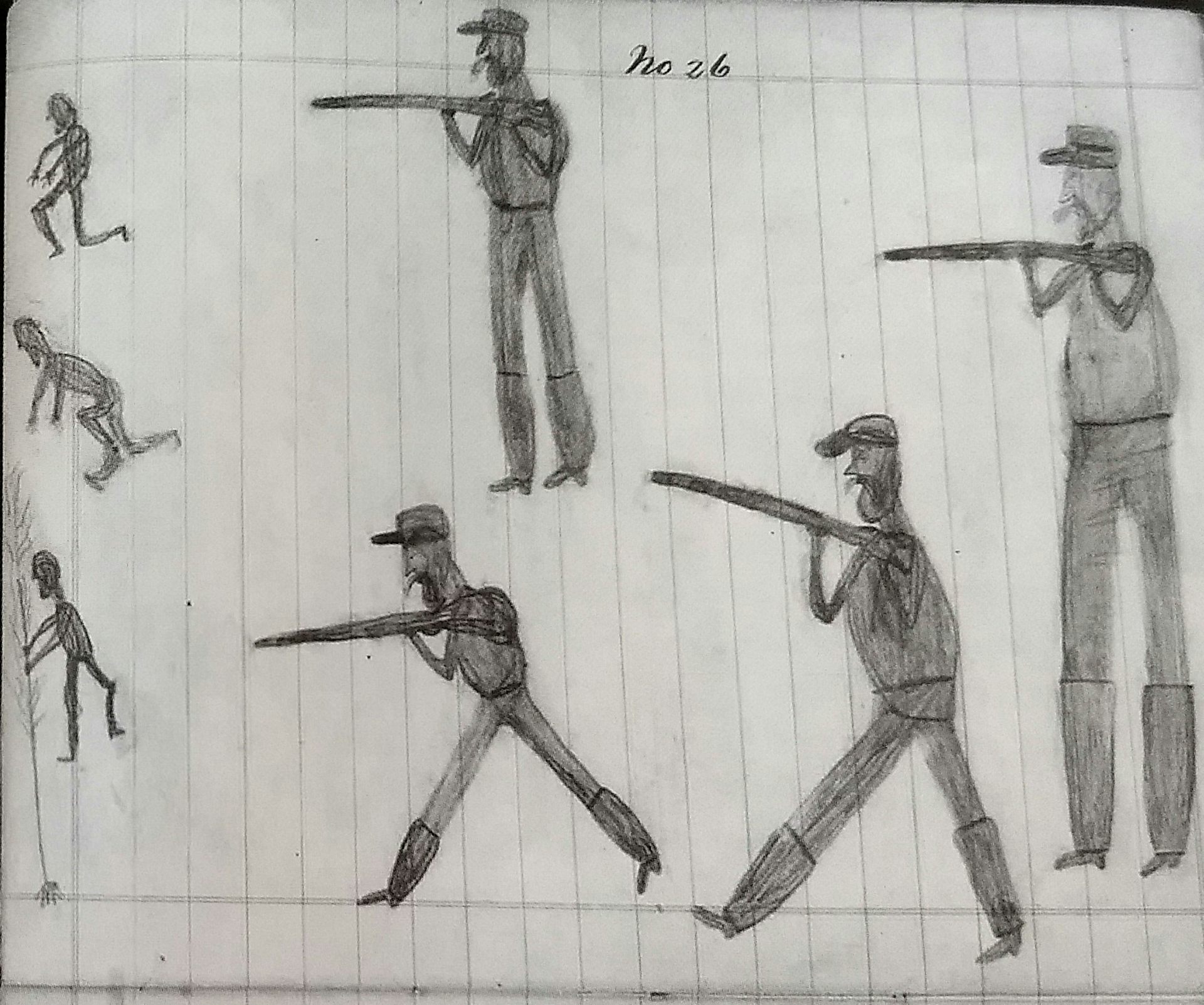 Childish drawing of men with guns chasing children