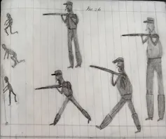 Childish drawing of men with guns chasing children