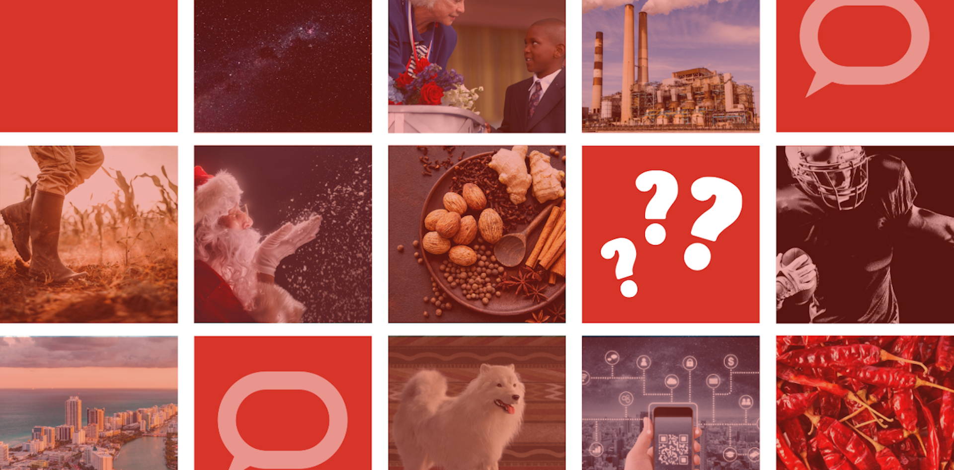 A grid of random images and question marks
