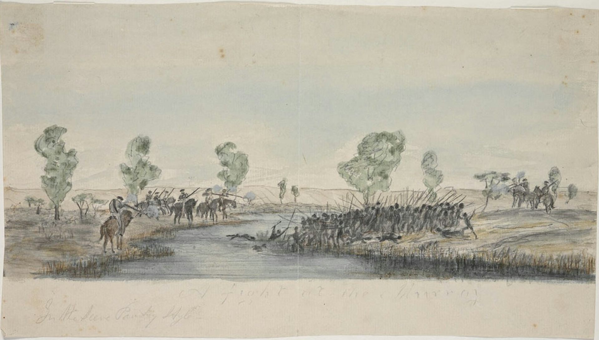 Painting of fighting between a group of Indigenous people and settlers at a river.