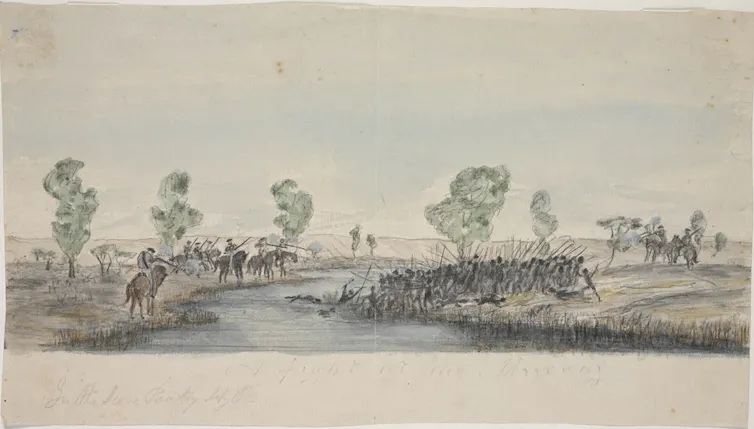 Painting of fighting between a group of Indigenous people and settlers at a river.