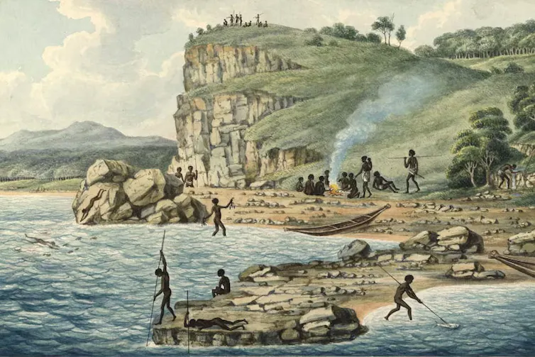 Painting of Indigenous people fishing