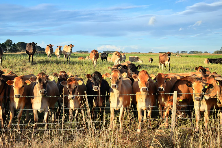 Herd of New Zealand jersey heifers behind a fence.